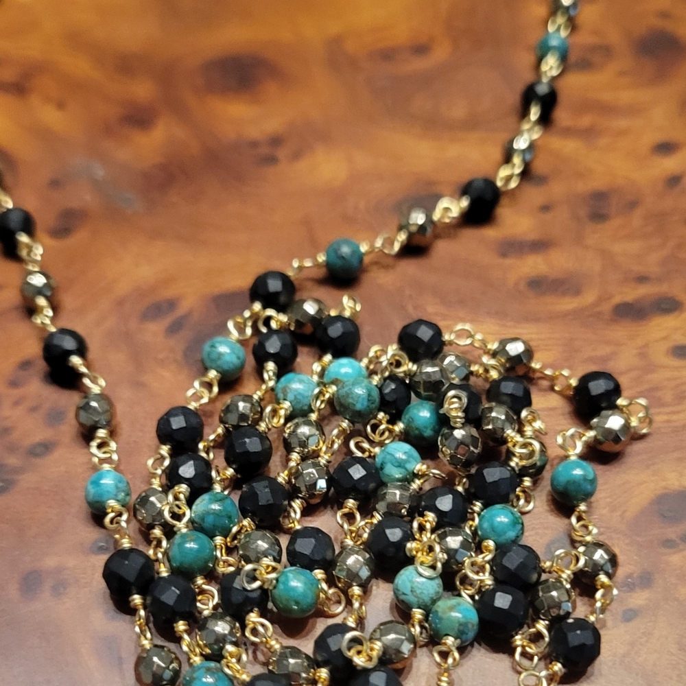 Chan Luu Gold Matte Onyx Turquoise Long Necklace With Pouch
